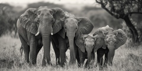 Aufkleber - Herd of elephants walking across a grass covered field. Suitable for wildlife or nature themes.