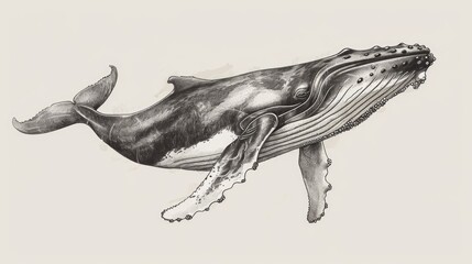 Poster - Detailed black and white illustration of a humpback whale. Suitable for educational materials or nature-themed designs.