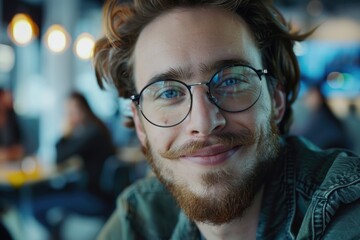 Aufkleber - A close up of a person wearing glasses and sporting a beard. Suitable for various concepts and designs.