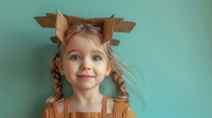 A cute little girl playing with a cardboard airplane. Cardboard plane in white retro style on mint green background. Childhood dream concept.