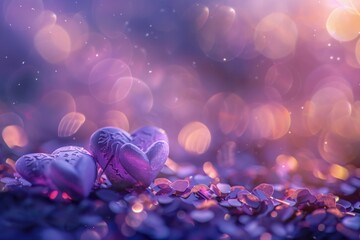 Poster - A couple of hearts sitting on top of a pile of flowers. Ideal for romantic concepts and Valentine's Day designs.