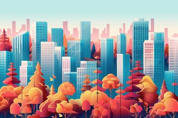 Poster - Urban cityscape with tall buildings and trees in the foreground. Suitable for architectural and environmental themes.