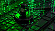 Judge's hammer on a binary code laptop keyboard. Against a background of green illuminated symbols and icons. Cyberlaw. Cybersecurity. The concept of cybercrime.