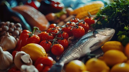 Poster - A variety of fresh fruits and vegetables displayed on a table. Suitable for food and nutrition concepts.