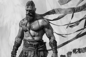 Wall Mural - A gladiator of legend, beard braided with victory ribbons, muscles honed by relentless combat.