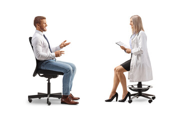 Poster - Businessman sitting in an office chair and talking to a female doctor