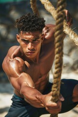 Poster - Strong man holding onto a rope, suitable for fitness or adventure concepts.