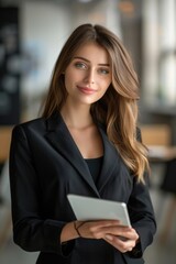 Aufkleber - A woman in a business suit holding a tablet, suitable for corporate use.