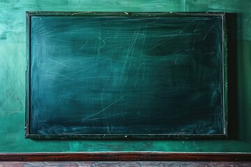 Poster - A blackboard on a green wall in a room. Suitable for educational and interior design concepts.