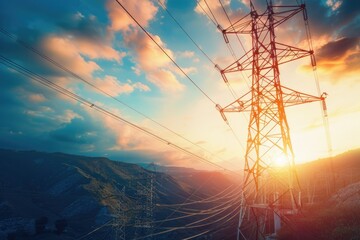 Aufkleber - Sun setting behind a high voltage tower, suitable for energy or industrial concepts.