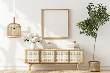 Poster - A white room with a plant and a picture frame on the wall. Suitable for home decor concepts.