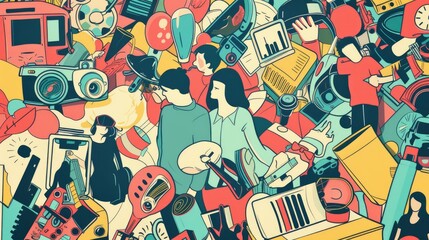 Poster - A group of people standing around a bunch of musical instruments. Ideal for music events and concerts.