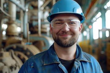 Wall Mural - A man wearing a hard hat and glasses, suitable for construction industry projects.