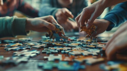 Poster - Group of people collaborating on a puzzle. Ideal for team building concepts.