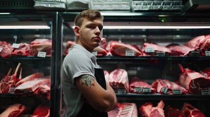 Poster - A man standing in front of a display case filled with meat. Suitable for food industry concepts.