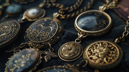 Aufkleber - Close up of a collection of necklaces on a table. Perfect for jewelry stores or fashion blogs.