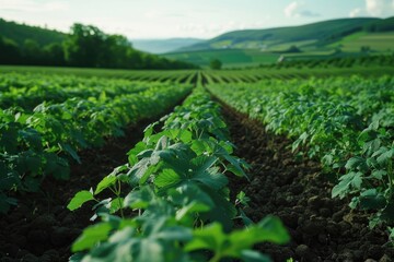 Poster - Green plants field with hills in the background. Suitable for nature and landscape themes.