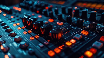 Poster - Detailed view of a sound board equipment. Suitable for music production projects.
