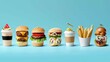 A row of food items and drinks, including a hamburger, a salad, a sandwich, a cup of coffee, a cup of tea, a cup of juice, a cup of soda, a cup of milk, a cup of water, a