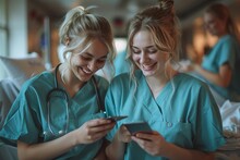 Two Women In Blue Scrubs Are Smiling And Looking At Their Cell Phones