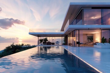 Aufkleber - A large swimming pool in front of a house. Perfect for real estate or vacation concepts.