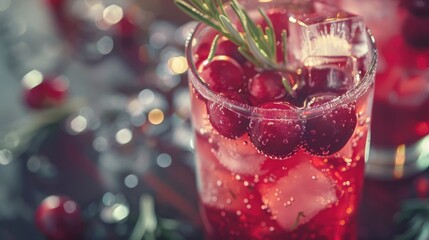 Poster - Refreshing drink with ice cubes and cranberries, perfect for cocktail menus.