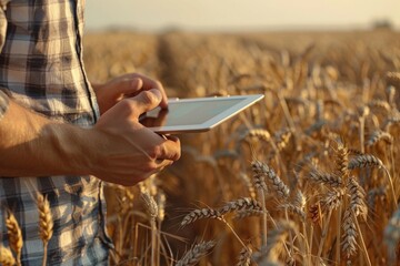 Aufkleber - A man standing in a wheat field with a tablet. Suitable for technology or agriculture concepts.