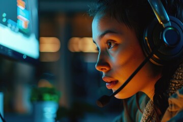 Aufkleber - A woman wearing a headset while using a computer. Suitable for technology and communication concepts.