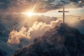 Poster - A cross on top of a mountain with the sun in the background. Suitable for religious and inspirational themes.