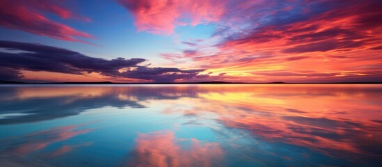 Sticker - A picturesque sunset paints the sky and reflects in the serene waters of a lake, creating a stunning natural landscape with clouds and afterglow