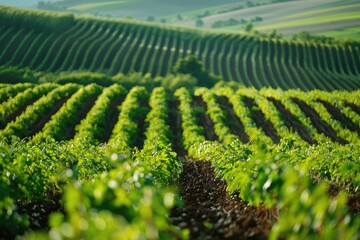 Poster - A picturesque view of green plants with hills in the background. Ideal for nature and landscape designs. .