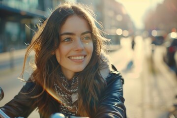 Canvas Print - Woman riding a motorcycle in a city street, suitable for travel and transportation concepts.