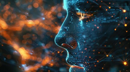 Aufkleber - Close up of a person's face with glowing lights in the background. Ideal for technology or futuristic concepts.