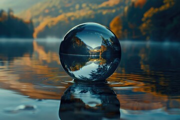Poster - A glass ball resting on calm water, suitable for various design projects.