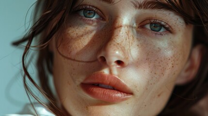 Poster - Close-up of a woman with freckles, suitable for beauty and skincare concepts.