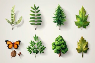 Poster - Collection of different types of leaves on a white surface. Suitable for botanical projects.