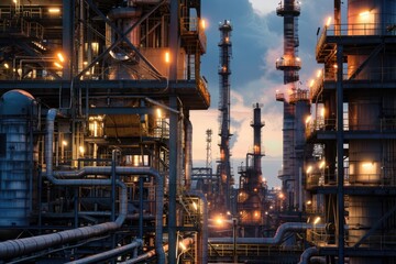 Poster - A large industrial plant with numerous pipes. Suitable for industrial concepts and engineering projects.