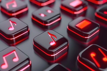 Poster - Close-up of a keyboard with music notes, suitable for music-related projects.