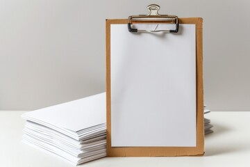 Poster - A clipboard sitting on a table next to a pile of papers. Ideal for office or education concepts.