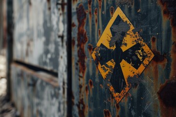 Wall Mural - A yellow and black hazard sign on a rusty wall. Suitable for industrial safety concepts.