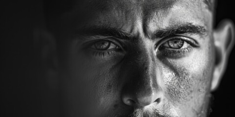 Poster - Close-up portrait of a man in black and white. Suitable for various projects.