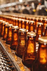 Wall Mural - Beer bottles moving on a conveyor belt, suitable for manufacturing or production concepts.