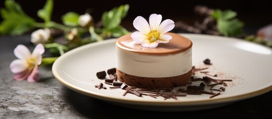 Sticker - A decadent chocolate and white dessert with a delicate flower embellishment, served on a pristine white plate. Perfect for weddings or special events