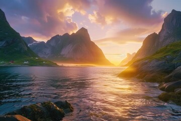 Poster - A picturesque sunset scene over mountains and water. Ideal for travel and nature concepts.