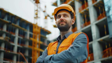 Poster - A man in an orange safety vest standing in front of a construction site. Perfect for illustrating construction industry or safety concepts.