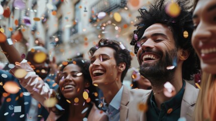 Poster - People celebrating with confetti, suitable for party themes.