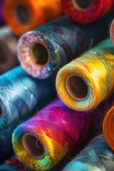 Poster - A pile of colorful thread spools. Perfect for sewing and crafting projects.