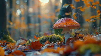 Poster - A mushroom sitting on top of a pile of leaves. Suitable for nature and fall-themed designs.