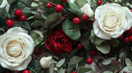 Poster - Beautiful bouquet of white and red roses and berries, perfect for weddings or special occasions.
