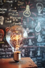 Poster - A light bulb resting on a wooden table. Perfect for illustrating creativity and innovation.